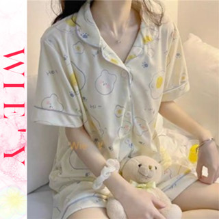 🌸WIE' Y🌸「夏季可愛睡衣」兩件式睡衣 日本家居服 ins風短袖少女學生卡通睡衣 短袖短褲休閑翻領睡衣套裝 居家睡衣