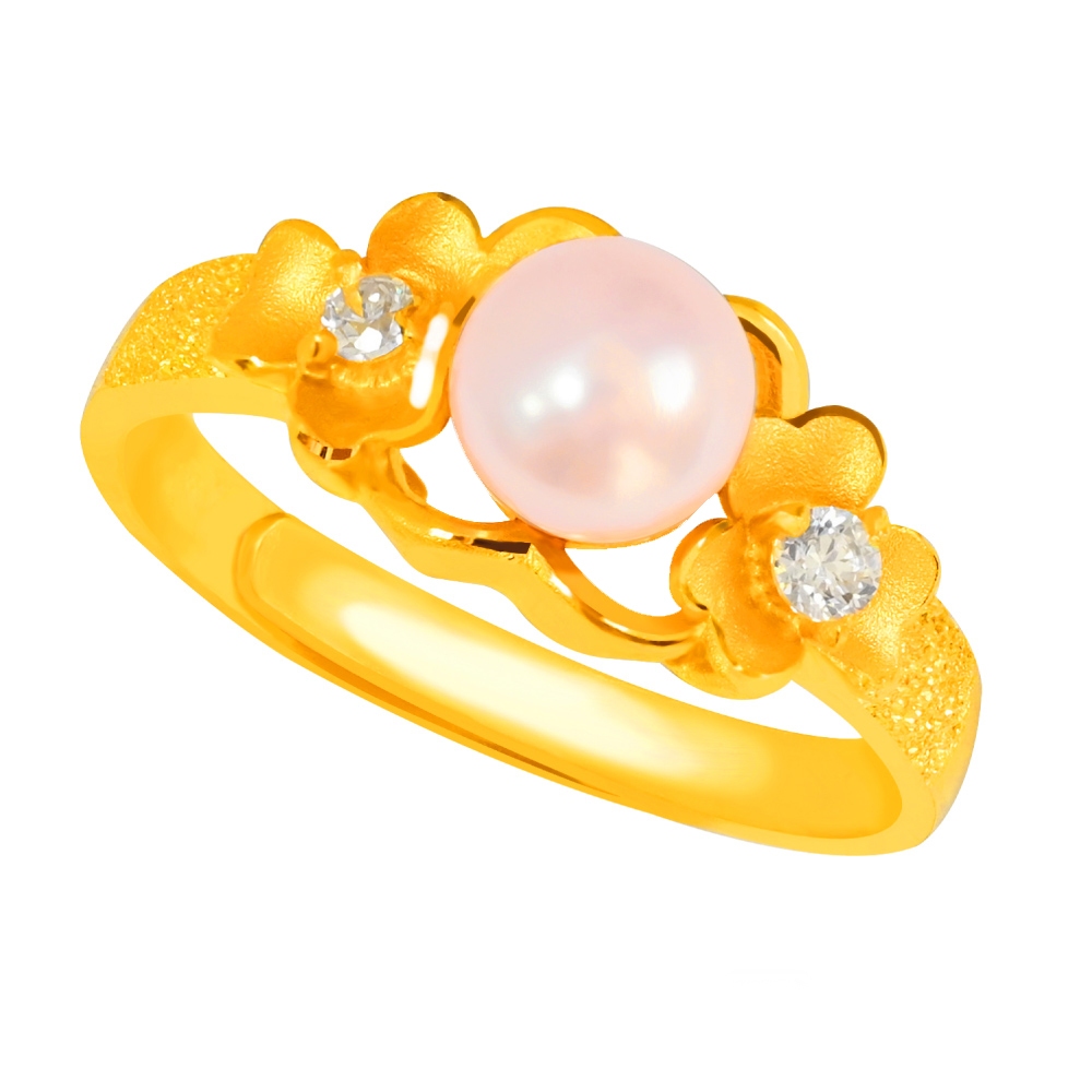 【元大珠寶】『珍情』晶鑽水晶珍珠6mm黃金戒指 活動戒圍-純金9999國家標準2-0233