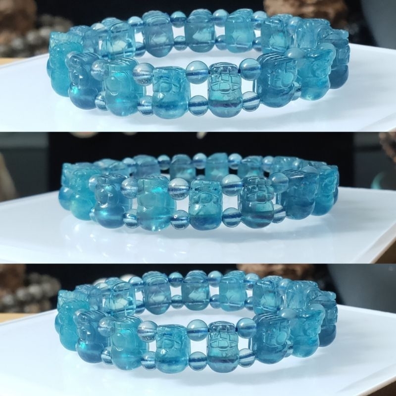 頂級收藏 海藍寶貔貅手排 清透藍 藍針效應 海藍寶 貔貅 手排 天然水晶 支持鑑定 頂級海藍寶
