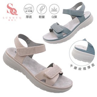 C&D 女鞋 魔鬼氈PU皮革彈性緩震厚底舒適涼鞋 C-1293