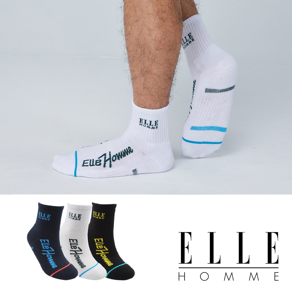 【ELLE HOMME】法式 風格 設計 撞色字體 運動襪 厚底襪 襪子 棉襪 男襪 短襪 1/2襪 中筒襪 休閒襪