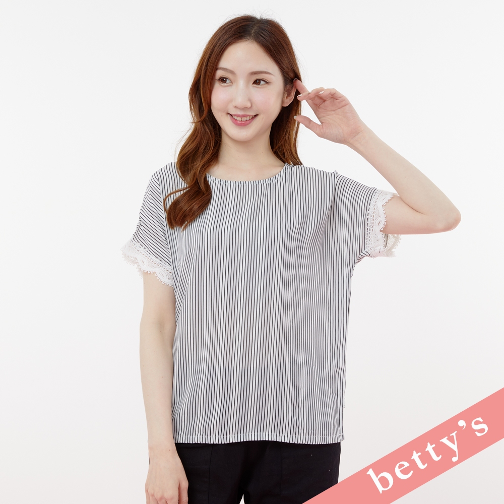 betty’s貝蒂思(31)雪紡條紋拼接蕾絲袖口上衣(黑色)