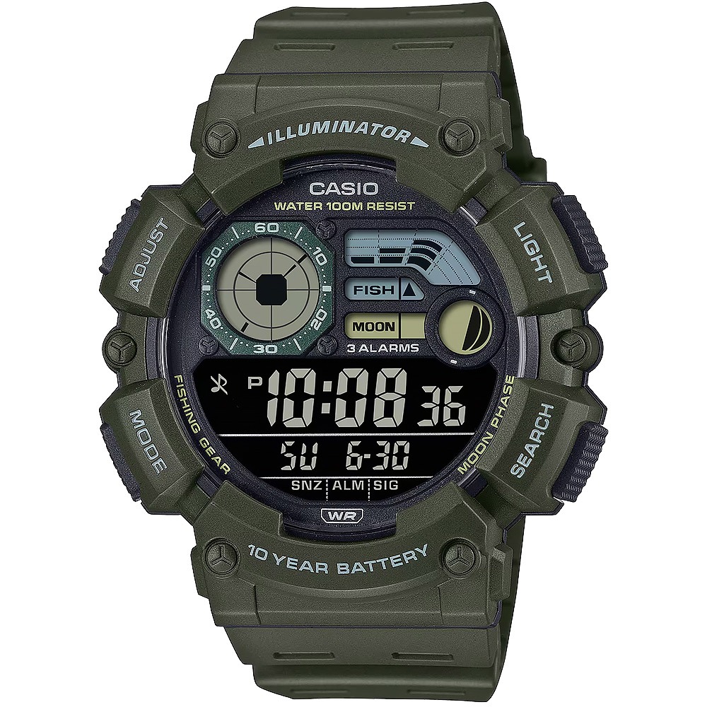 CASIO 卡西歐 釣魚模式 月相數位手錶-軍綠 WS-1500H-3BV