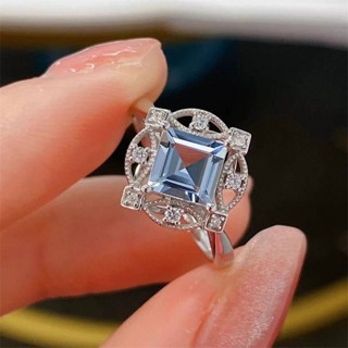 現貨 晨曦 2克拉 Aquamarine 海藍寶石 方鑽 拓帕石 水晶 925銀 戒指 可調式戒圍 不褪色