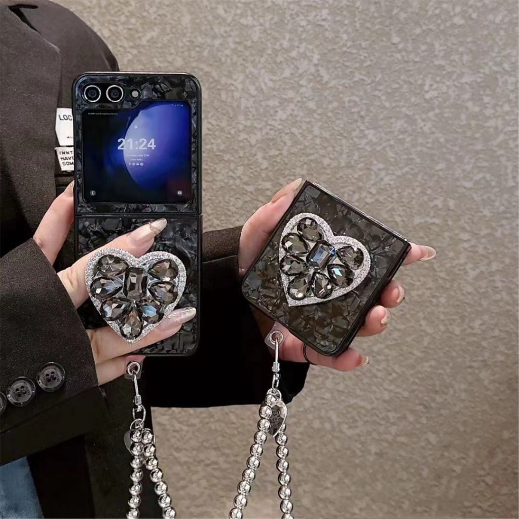 SAMSUNG Galaxy Z Flip 5/4/3 5G 彩鑽愛心支架 三星Flip5/4/3折疊手機殼 掛繩保護殼