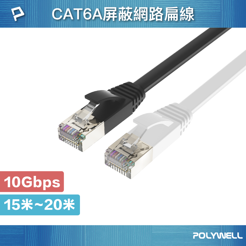 POLYWELL CAT6A扁線 15米 20米 高速網路線 RJ45 福祿克認證 寶利威爾 台灣現貨