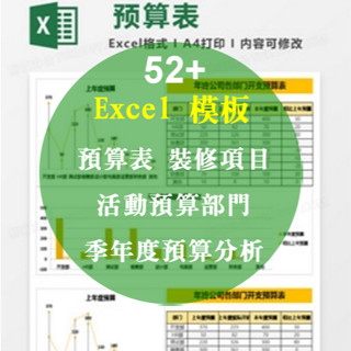 Excel 模板-預算表，裝修專案，活動預算部門，季年度預算分析，電子模板表格52+