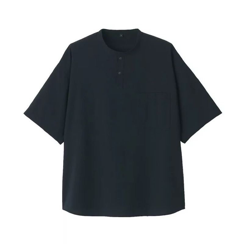 【MUJI 無印良品】男聚酯纖維透氣彈性泡泡紗亨利領布帛T恤 M號 黑色