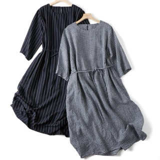預購◆日系圓領七分袖寬鬆格紋洋裝 綁帶條紋洋裝