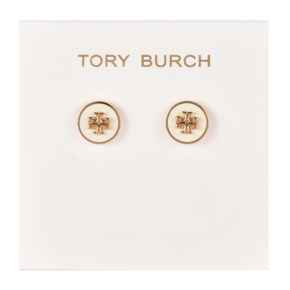 TORY BURCH Kira雙T琺瑯圓形穿式耳環(象牙白/金色)153004