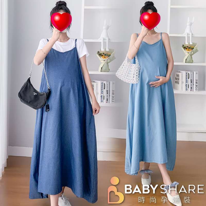 BabyShare時尚孕婦裝 洋裝/丹寧吊帶裙-有口袋 兩色 短袖 加大尺碼 孕婦裝 孕婦裙 (OBS008F2)