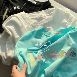 ZUCAS~韓板刺繡圖案寬鬆短袖上衣 短袖t恤 女裝 顯瘦上衣 衣服 寬鬆上衣 素T -T-337