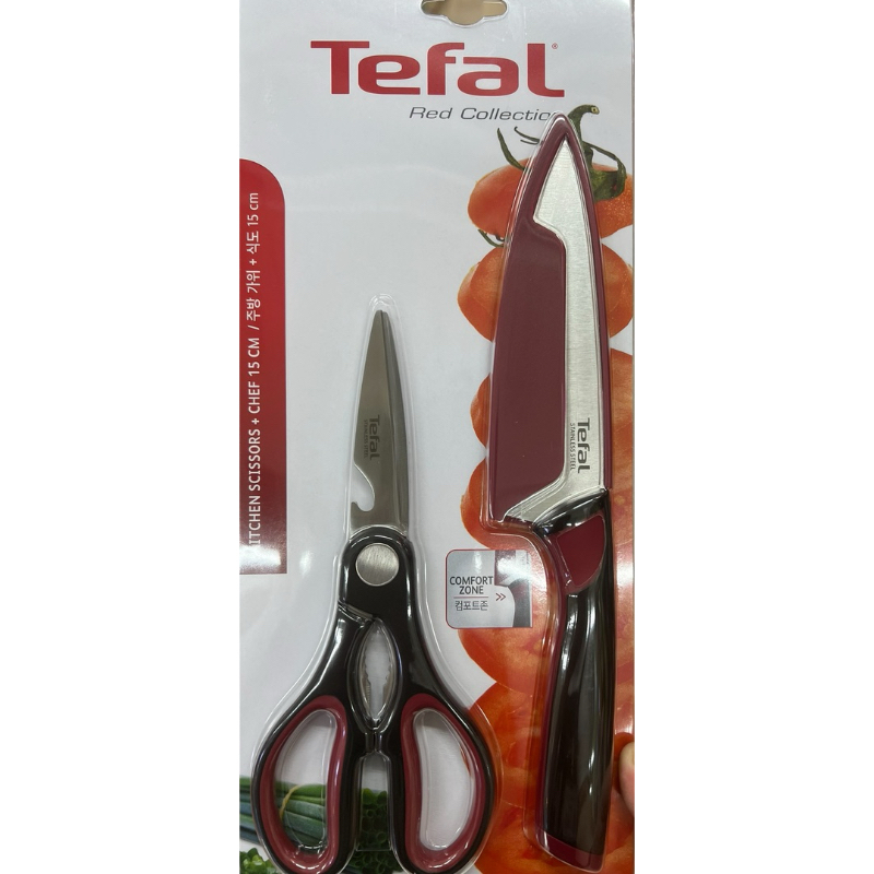 Tefal法國特福 不鏽鋼系列主廚刀15CM+廚房剪刀2件組(紅)