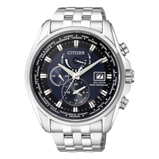 CITIZEN 星辰Eco-Drive 帥氣簡約光動能電波萬年曆腕錶 AT9031-52L藍X銀