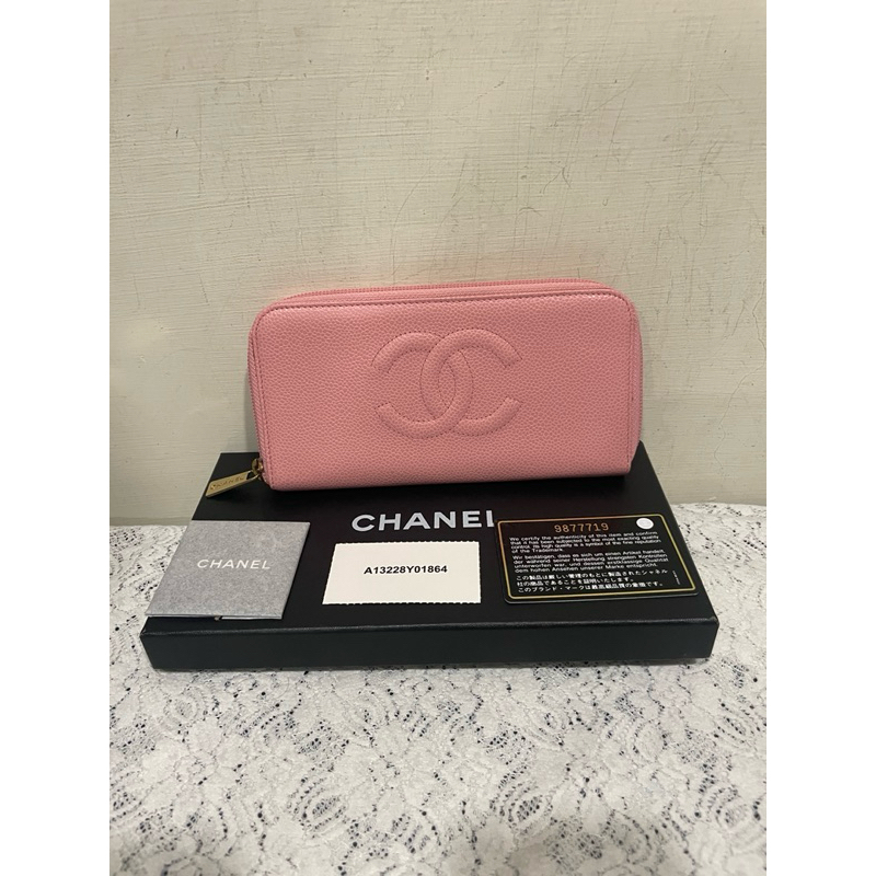 全新Chanel vintage粉色雙C大Logo荔枝皮長夾/黑色保卡9877719