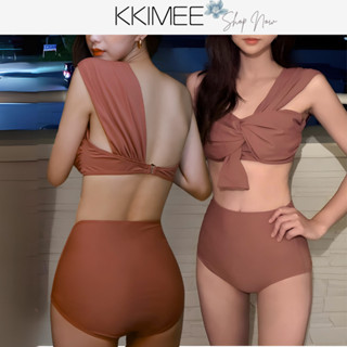 KKimee╭＊【現貨】高品質【SB67】夏日絕美 單肩 女神款 二件式高腰比基尼泳衣 兩截式泳衣
