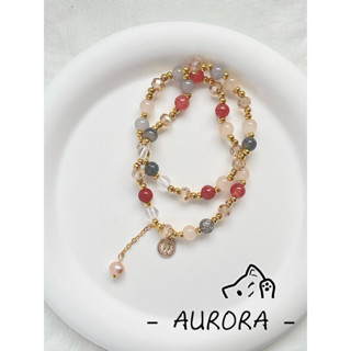 《Aurora》 韓國設計雙層水晶珍珠串珠手鍊 彈性手鍊單手可配戴 金色輕奢復古手串