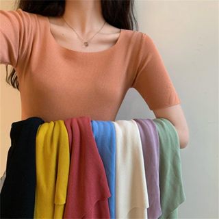 胖胖美依 短袖上衣 素面上衣 短袖針織衫 短款彈性簡約方領短袖冰爽絲女上衣修身T卹TBF07.6007
