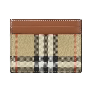 BURBERRY Sandon內裡燙金LOGO格紋PVC搭配小牛皮4卡卡夾(典藏米x棕)