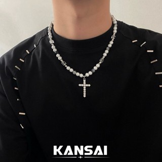 KANSAI 反光珍珠拼接十字架 小眾設計 鎖骨鏈 鈦鋼 鋼項鍊 男歐美嘻哈風女毛衣鏈