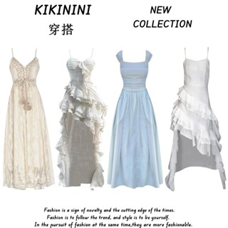 【kikinini】法式收腰吊帶長裙女 白色長裙 長裙洋裝 連身長裙 a字長裙 海邊洋裝 復古長裙 夏天洋裝 公主洋裝