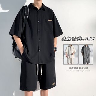 免運⭐樂天虎☀️【限時下殺】冰絲套裝 套裝夏天 時尚休閒襯衫 冰絲套裝男 夏季運動痞帥寬鬆短袖短褲酷帥穿搭一整套兩件套