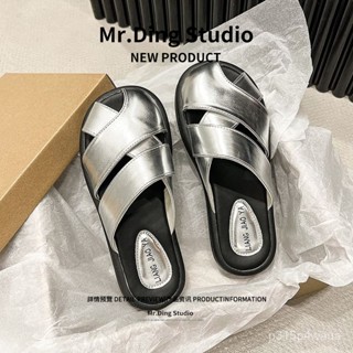 ❤‍🔥 Mr. Ding Studio 新款chic編織半拖鞋女 真皮 夏季鏤空包頭懶人拖鞋 百搭 外穿 複古 平底涼拖