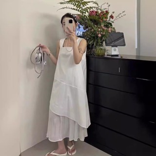 Sulli Official 「現貨」清爽穿搭！方領不規則下擺拼接紗裙雙層長洋裝（有內裡）