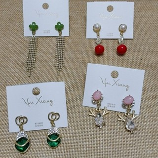 飾品 | 925銀針耳環 十字四葉草造型流蘇線條耳環 雙圈綠寶石耳環 紅珠垂墜耳環 小鹿造型耳環