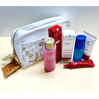 🌺 CLARINS克蘭詩帆布化妝包(金花) 精華水50ml+精華液15ml+面霜15ml+眼霜7ml