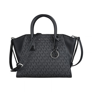 MK MICHAEL KORS AVRIL銀字LOGO印花設計PVC拼接牛皮拉鍊手提斜揹包(小/黑)