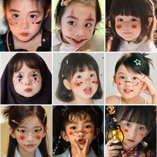 🎃熱銷 下殺🎃萬聖節兒童紋身貼 小鬼臉貼 可愛鬼小惡魔 甜酷少女南瓜愛心妝容臉貼 派對搞怪cos道具 萬聖節裝飾小禮品