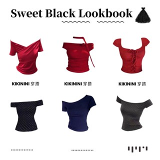 【kikinini】夏季性感一字領短版上衣 短袖上衣 紅色上衣 露肩上衣 露背上衣 綁帶上衣 斜肩上衣 素色上衣 修身