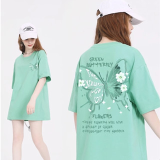 【限時特價】100%純棉t恤 蝴蝶印花短袖t恤女 質感多巴胺衣服 透氣吸濕短t oversize t恤 落肩圓領短袖上衣