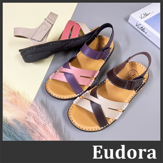 【Eudora】MIT臺灣製 手工鞋 厚底涼鞋 魔鬼氈涼鞋 增高涼鞋 皮革撞色 交叉線條 魔鬼氈 厚底增高坡跟楔型 涼鞋