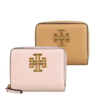 TORY BURCH Britten仿舊簍空金框LOGO鵝卵石紋小牛皮4卡釦式拉鍊短夾(多色)