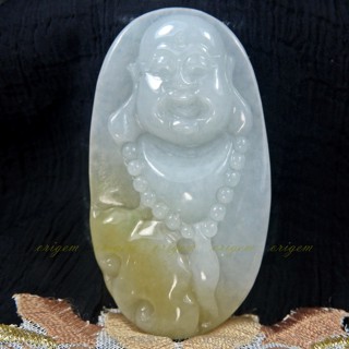珍珠林~歡喜彌勒佛玉珮~緬甸A貨紫羅蘭翡翠玉帶黃#254