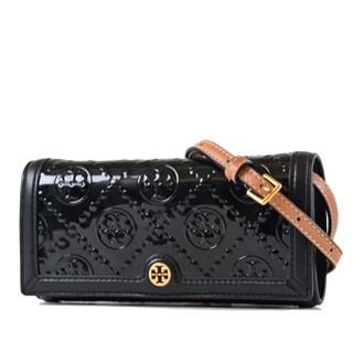 TORY BURCH 專櫃款 T MONOGRAM漆皮浮雕LOGO翻蓋斜背長夾WOC包-黑色 【美國正品現貨】