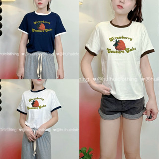 HuiHuiClothing現貨-韓版圓領拼色印花字母草莓🍓短袖上衣 棉T T恤 短T 短袖上衣 素面上衣 女上衣 短袖