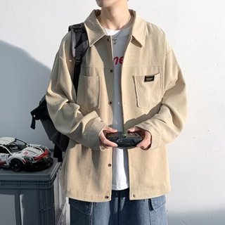 燈芯絨襯衫男 素色長袖襯衣男 薄外套 秋季日系燈芯絨夾克外套男 潮流復古外穿純色襯衫款情侶百搭工裝