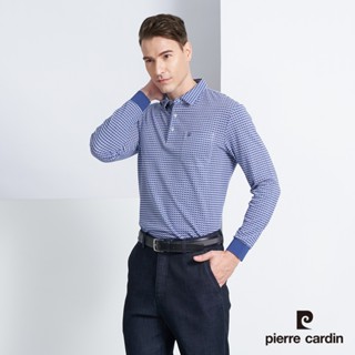 【pierre cardin 皮爾卡登】男款 棉質混紡千鳥格紋印花薄長袖POLO衫-深藍色 (5225257-37)