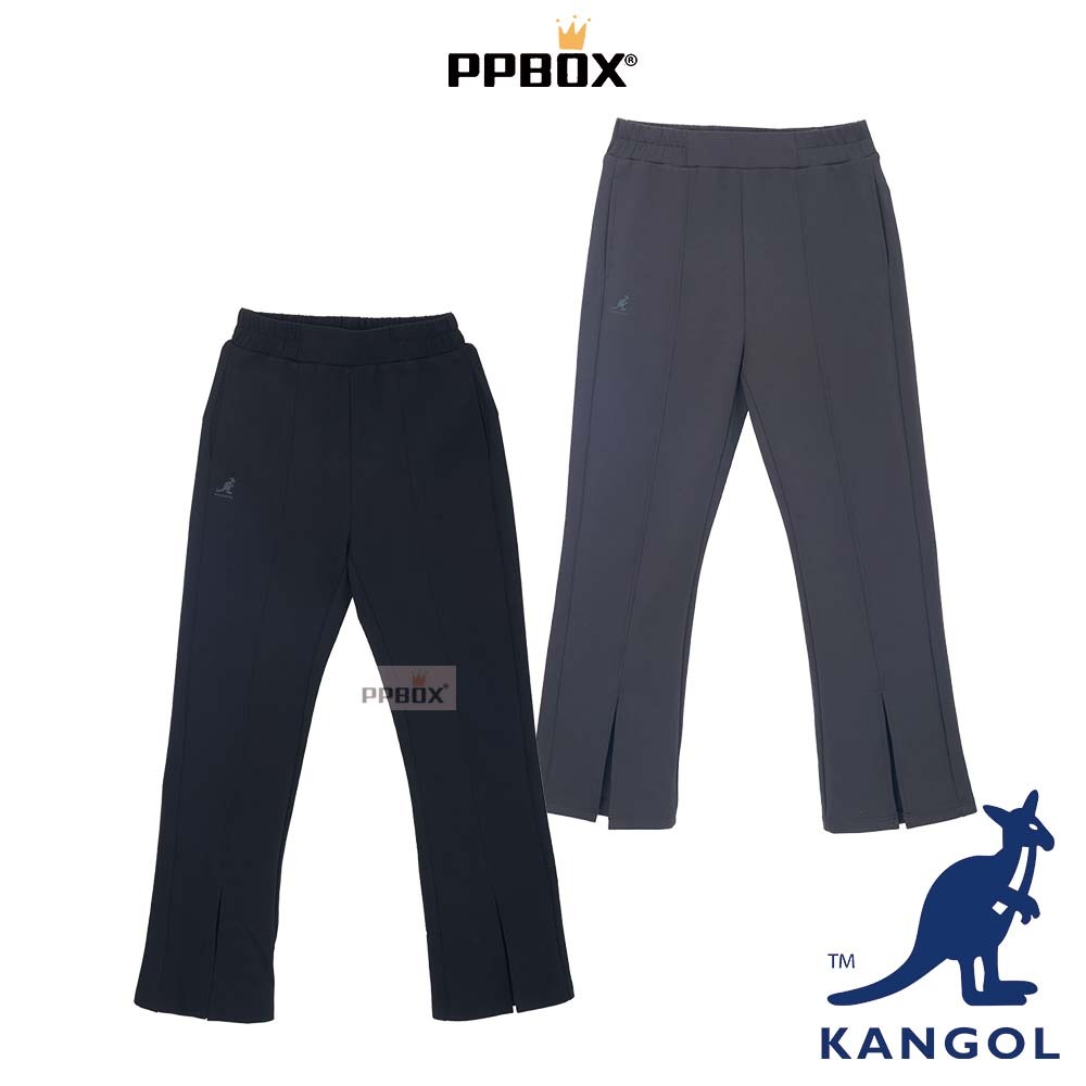 KANGOL 袋鼠 女款 坑條 繡花 長褲【64521501】時尚 喇叭褲 防寒褲 褲子 喇叭褲 褲口開叉 禮物