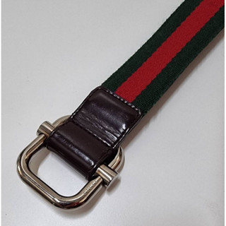 二手皮帶經典紋咖啡真皮Gucci Web Striped Canvas and Brown Leather Belt