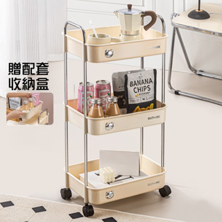 UFORE｜臺灣現貨｜奶油風三層置物架 收納小推車 帶輪子收納不鏽鋼層架 可移動置物架 夾縫收納架 床頭收納層架