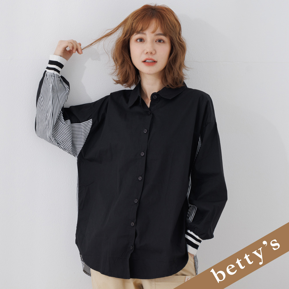 betty’s貝蒂思(25)條紋拼接袖口羅紋襯衫(黑色)
