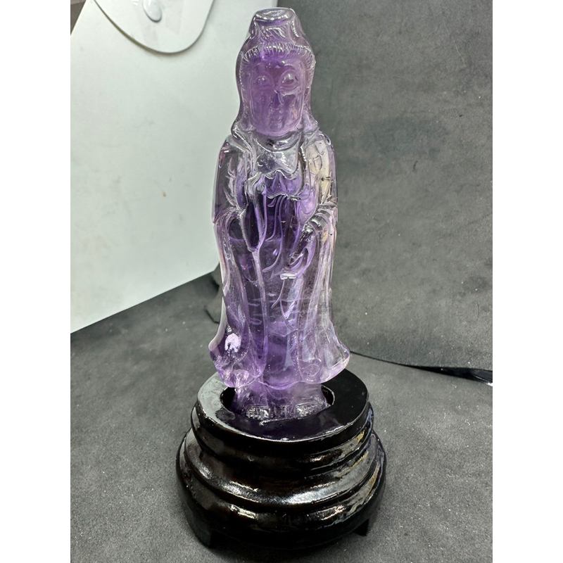 D9291 天然水晶原礦 紫水晶 骨幹紫水晶 雕刻 觀音 觀音菩薩 雕件 擺件 送訂製木座與錦盒