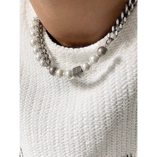 《OVERSTEP》珍珠 方塊 古巴鏈 雙層 珠珠 飾品 鈦鋼 項鍊 ACC