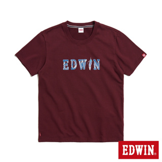 EDWIN 羽毛紋牛仔貼布LOGO短袖T恤(朱紅色)-男款