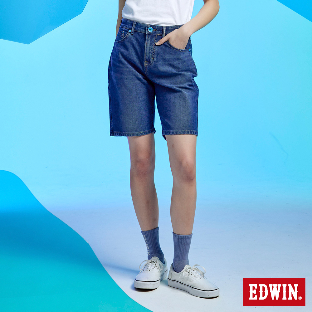 EDWIN 女款 冰河玉系列 JERSEYS 迦績 及膝寬鬆短褲(中古藍)