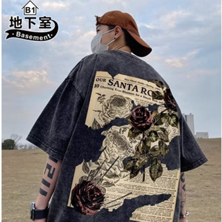 地下室B1-T恤 歐美水洗個性玫瑰花印花短T 圓領 美式復古上衣 男生衣服 大尺碼5XL【NL623706】